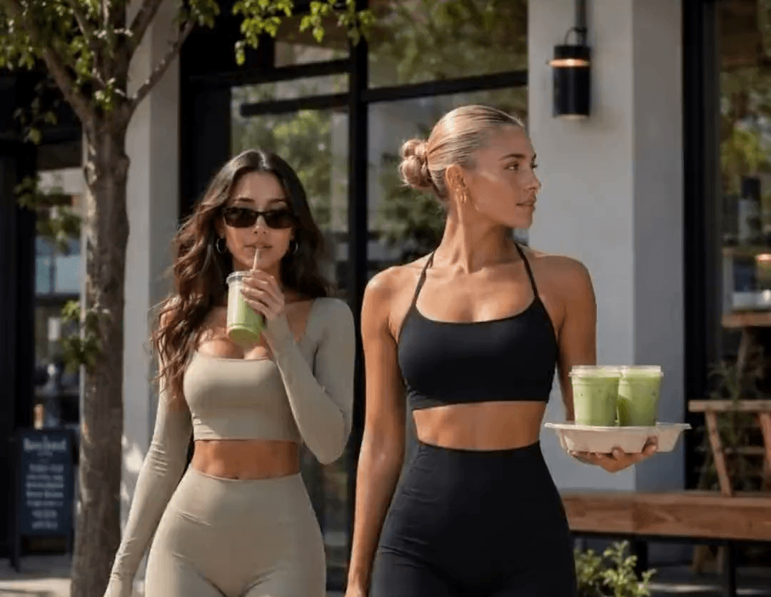 Two women in athletic wear carrying matcha drinks