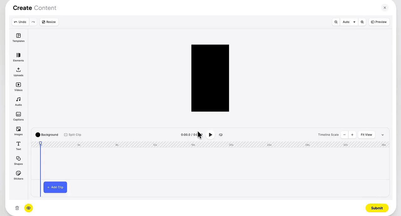 The VOLLV Create Content editor, with a menu rail, canvas, timeline, and Add Clip and Submit controls.