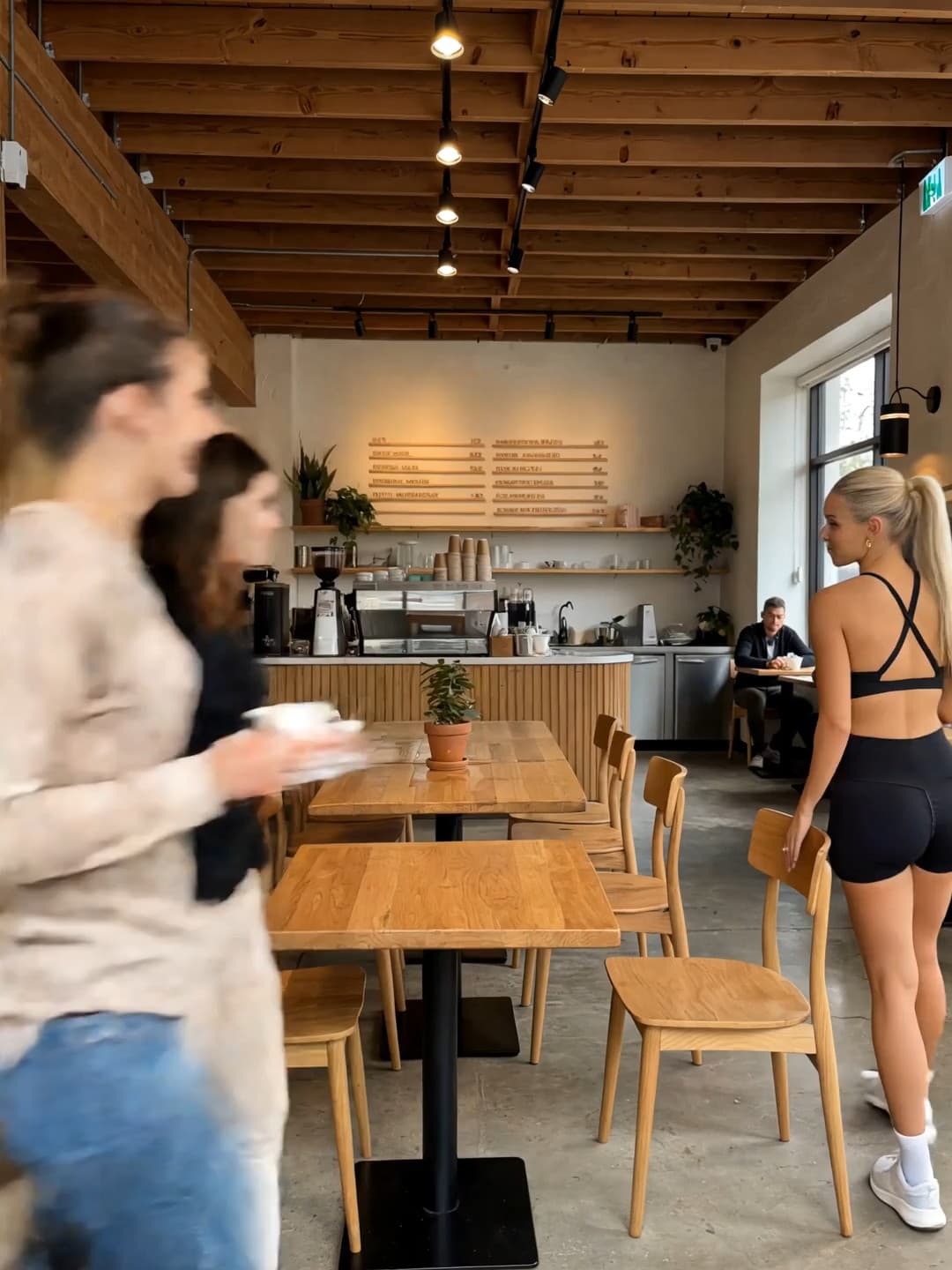 Customers carrying coffee through a sunlit cafe
